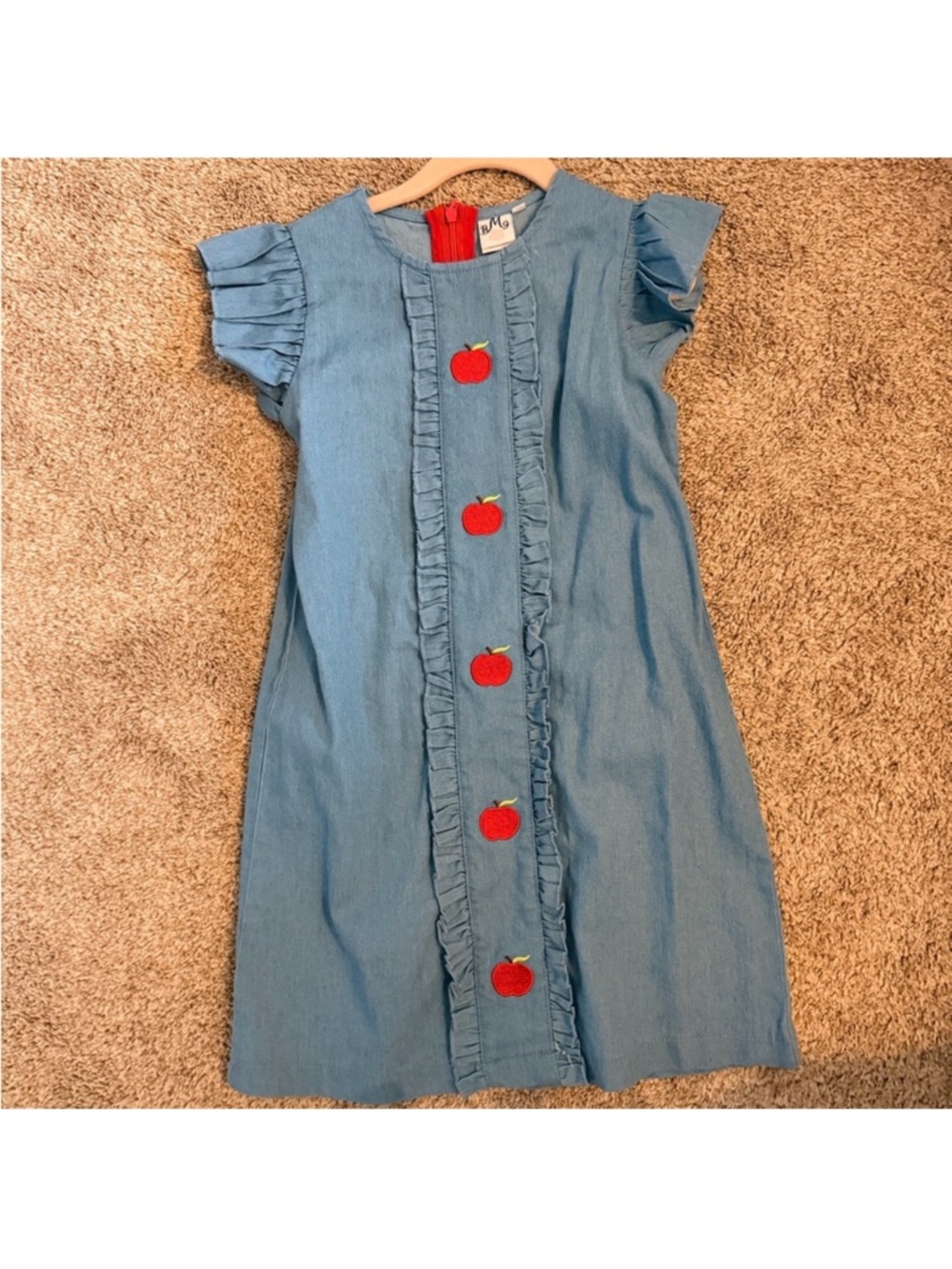 Girls' Light Blue Denim Dress with Red Apple Appliqués